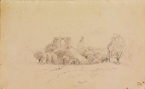 Eldena Abbey Ruins, with a Thatched House and a Small Body of Water by Caspar David Friedrich