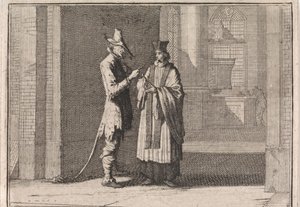 Pastor in Conversation with the Devil at the Entrance of a Church by Caspar Luyken