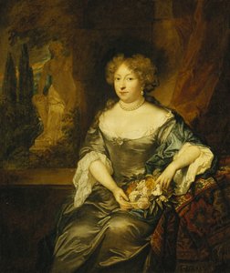 Portrait of a Lady, Seated Small Three-Quarter Length, Wearing a Grey Satin Dress, Holding a Basket of Flowers Before a Window, a Statue in a Park Beyond