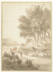 Italianate Landscape with Figures along a Road and a River in the Background