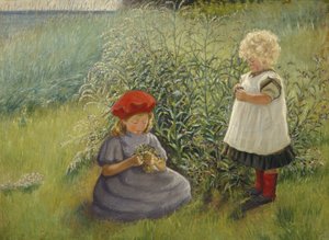 Two girls picking flowers