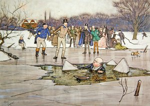 A face, head, shoulders, emerged from beneath the water, and disclosed the features and spectacles of Mr Pickwick by Cecil Charles Windsor Aldin