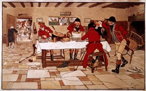 The Three Pigeon Snack. Hunters Cook and Eat Quickly Before Leaving for Hunting. Engraving by Cecil Aldin by Cecil Charles Windsor Aldin