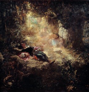 A ray of sunshine. Young people asleep in a clearway. Painting by Celestin Nanteuil (1813-1873)
