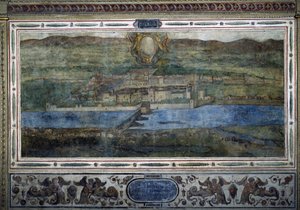 View of the city of Innsbruck, Austria. View of the cities of the Habsburg Empire. Fresco of the Michelozzo Court at the Palazzo Vecchio in Florence. Painting by Sebastiano Veronese Giovanni Lombardi, Cesare Baglioni and Turino da Piamonte, circa 1565