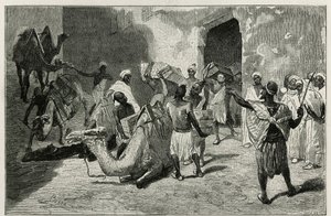 The loading of camels from the caravan of the author of the story, Atanger, engraving by Biseo, to illustrate the story Le Maroc by Edmondo de Amicis, in 1875, published in the tour du monde, under the direction of Edouard Charton by Cesare Biseo