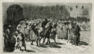 The punishment of a thief, climbs on a mule, he receives batons under the jeers of the crowd, engraving by C.Biseo, to illustrate the story Le Maroc by Edmondo de Amicis, in 1875, published in the tour du monde, under the direction of Edouard Charton by Cesare Biseo