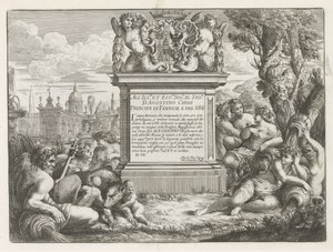 Dedication to and Coat of Arms of Agostino Chigi and View of Rome (series title: Fountains of Rome)