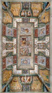 Pier Maria Rossi having the honor of the Order of Saint Michael, View of ceiling of the Sala delle Gesta Rossiane, Rocca dei Rossi, San Secondo, Parma, Italy, c.1570