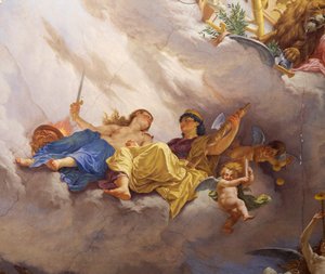 (Detail) from Allegory of Italy, fresco by Cesare Mariani, ceiling, Hall of Majority, Palazzo delle Finanze, Rome