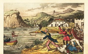 English Navy officer fleeing from an angry Massa planter and Quashee enslaved men brandishing cudgels in Jamaica