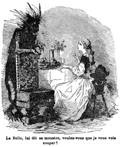 Illustration for the tale of Mrs. Jeanne Marie Leprince de Beaumont “Beauty and the Beast”, 19th century by Charles Albert dArnoux Bertall