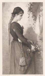 Young Woman Bringing Flowers to a Niche with a Statue of Mary
