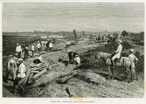 Laying the transcaspian rails. Engraving by Ch. Barbant to illustrate the story Voyage a Merv, by Edgar Boulanger, in le tour du monde 1887, directed by Edouard Charton