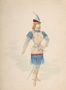 Costume Design for a Cavalier in Blue and Burgundy with Feathered Cap and Sword