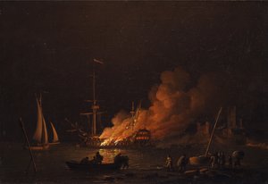 Ship on Fire at Night by Charles Brooking