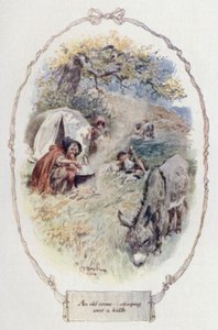 An old crone stooping over a kettle by Charles Edmund Brock