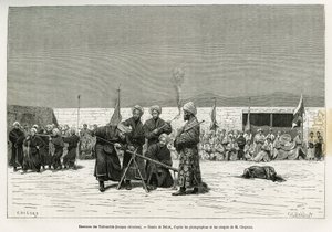 Exercises of manipulating Taifourchi bulwark rifles, troops armed and trained by the Chinese military, drawing by Delort, to illustrate the memories of an English embassy in Kachgar (or Kashi, China) in 1873-74, by Mr. Chapman and Gordon. Engraving in Le t by Charles Edouard Delort