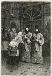 Priests giving a kiss to the holy images (Engraving by Ch. Delort) by Charles Edouard Delort