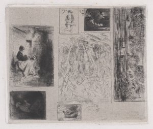 Composite plate: Woman and Children, Old Musician, Frying Merchant, Landscape, 1843