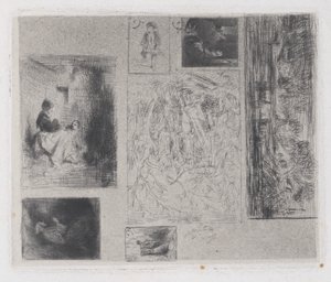 Composite Plate: Woman and Children, Old Musician, Frying Merchant, Landscape