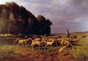 Herd of sheep in a landscape or Shepherd driving a herd of sheep in the plain by Charles Emile Jacque