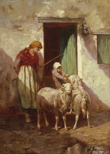 Shepherdess with a Child and Two Sheep