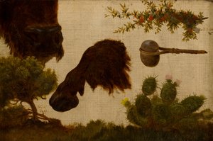 Study for The Wounded Buffalo: hill sage, buffalo head and hoof, bull berry, stone axe and cactus