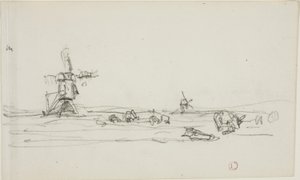 Landscape in Holland (recto); Sketch of Windmills by Water (verso) by Charles Francois Daubigny
