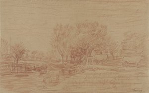 Landscape with Grazing and Drinking Cows and a Watching Bull by Charles Francois Daubigny