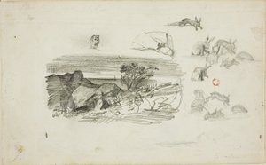 Sketches: Rocky Setting and Rabbits by Charles Francois Daubigny