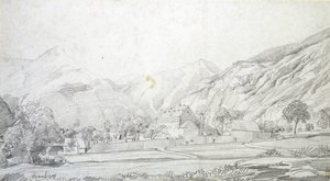 View of Buildings in a Walled Enclosure with Mountains in the Background