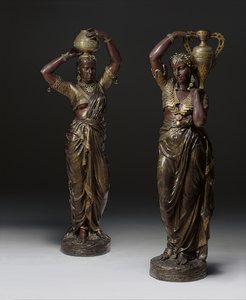Two Bronze Torcheres in the Shape of Indian Women Carrying Vases, 1862-1865