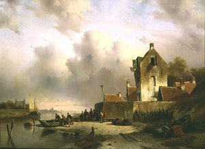 An Estuary with Fisherfolk by a Quay by Charles Henri Joseph Lieckert