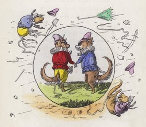 Two dogs in Tudor costume out for a walk on a windy day with their tails tied together to stop them being blown away by Charles Henry (after) Bennett