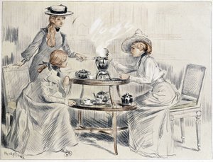 Ladies taking tea around a small samovar - drawing by Henri Tenré, ca. 1910