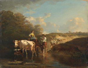 Shepherd Couple with Animals at a Waterhole by Charles Humbert