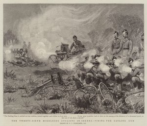 The Twenty-Sixth Middlesex Cyclists in Zereba, firing the Gatling Gun by Charles J. Staniland