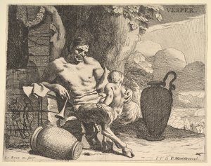 Evening: A Seated Satyr Clasps His Child, a Figure Hangs a Garland on a Pier Beyond by Charles Le Brun