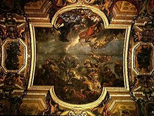 View of The King Taking Maastricht in Thirteen Days in 1673 and the Passage on the Rhine in the Presence of the Enemies in 1672, Ceiling Painting from the Galerie des Glaces by Charles Le Brun
