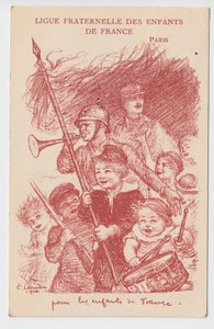 Postcard, Satirical in Colors: Ligue fraternelle des enfants de France - War of 14-18, Childhood, Patriotic Days Illustration by Charles Leandre (1862-1934)