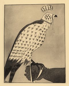 Hunting falcon in hood perched on a falconer’s gauntlet by Charles Martin