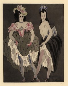 Two half-naked prostitutes dressed in petticoats and bonnets