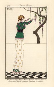 Woman in a Printed and Embroidered Sheath Dress