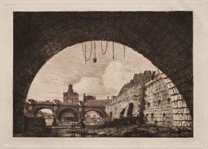 The New Bridge and the Samaritaine seen from under the First Arch of the Exchange Bridge, Paris by Charles Meryon