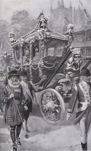 King Edward VII and Queen Alexandra in the State Coach returning from their coronation in Westminster Abbey, London by Charles Mills (after) Sheldon