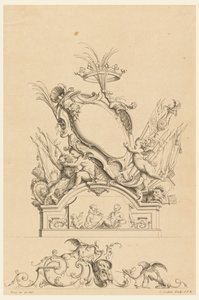 Design for Cartouche with Crown, Two Putti Serving Bacchus, and Two Lions from "Cartouches Nouvellement Inventez" by Charles Nicolas Cochin the younger