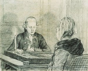 A Seated Couple, the Lady seen from Behind, playing Backgammon by Candlelight by Charles Nicolas II Cochin