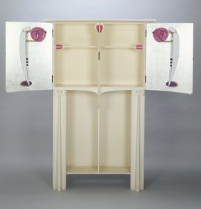 Cabinets, made for 14 Kingsborough Gardens, Glasgow, 1902; two figures on the side doors in Arabian cloak and turban holding lanterns