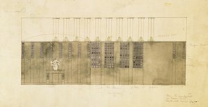 Design for a wall, table and doors by Charles Rennie Mackintosh
